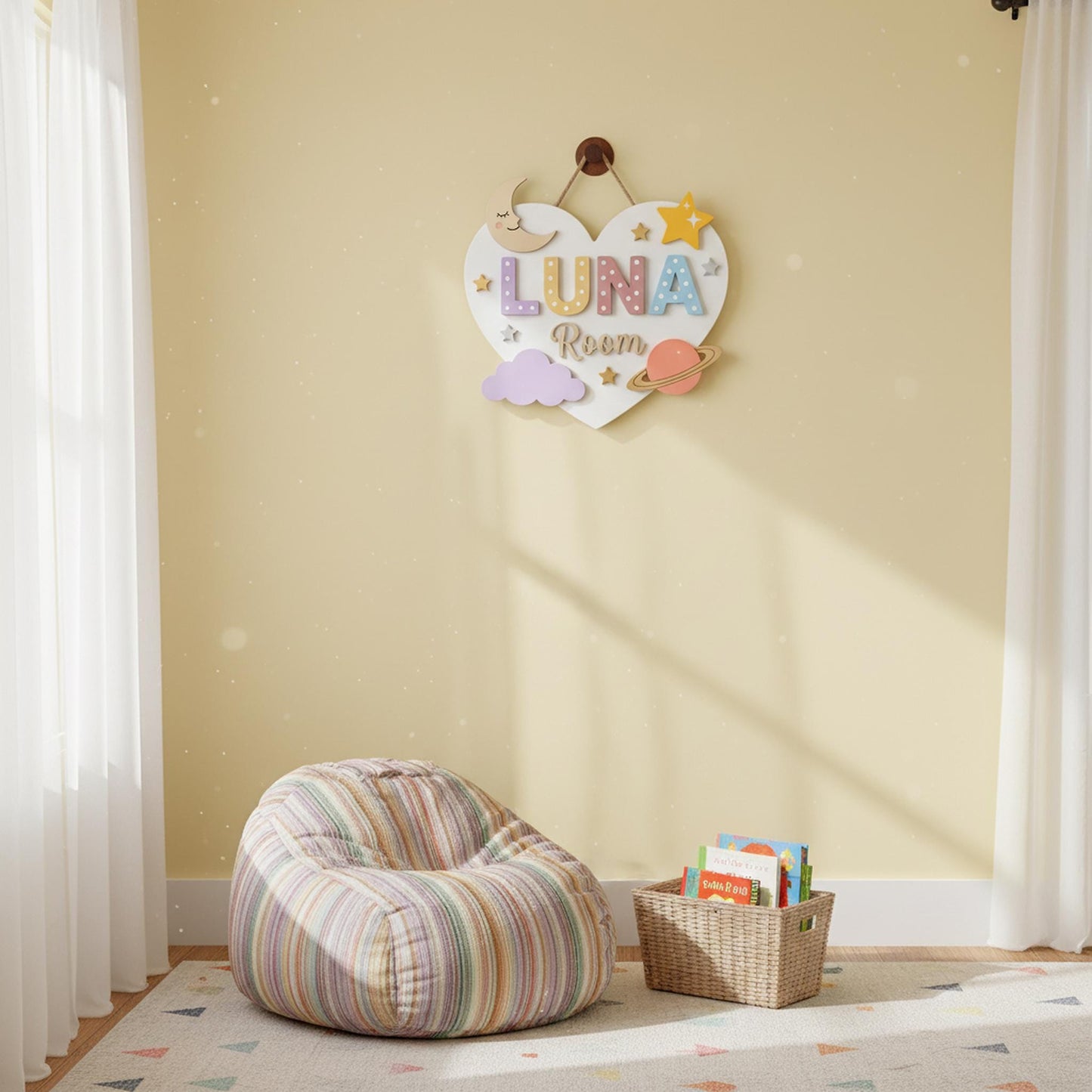 Personalized Moon Star Nursery Wall Decor, Custom 3D Wood Heart Shaped Name Sign, Baby Girl Bedroom Door Hanger Plaque, Baby Shower Gift