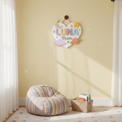 Personalized Moon Star Nursery Wall Decor, Custom 3D Wood Heart Shaped Name Sign, Baby Girl Bedroom Door Hanger Plaque, Baby Shower Gift