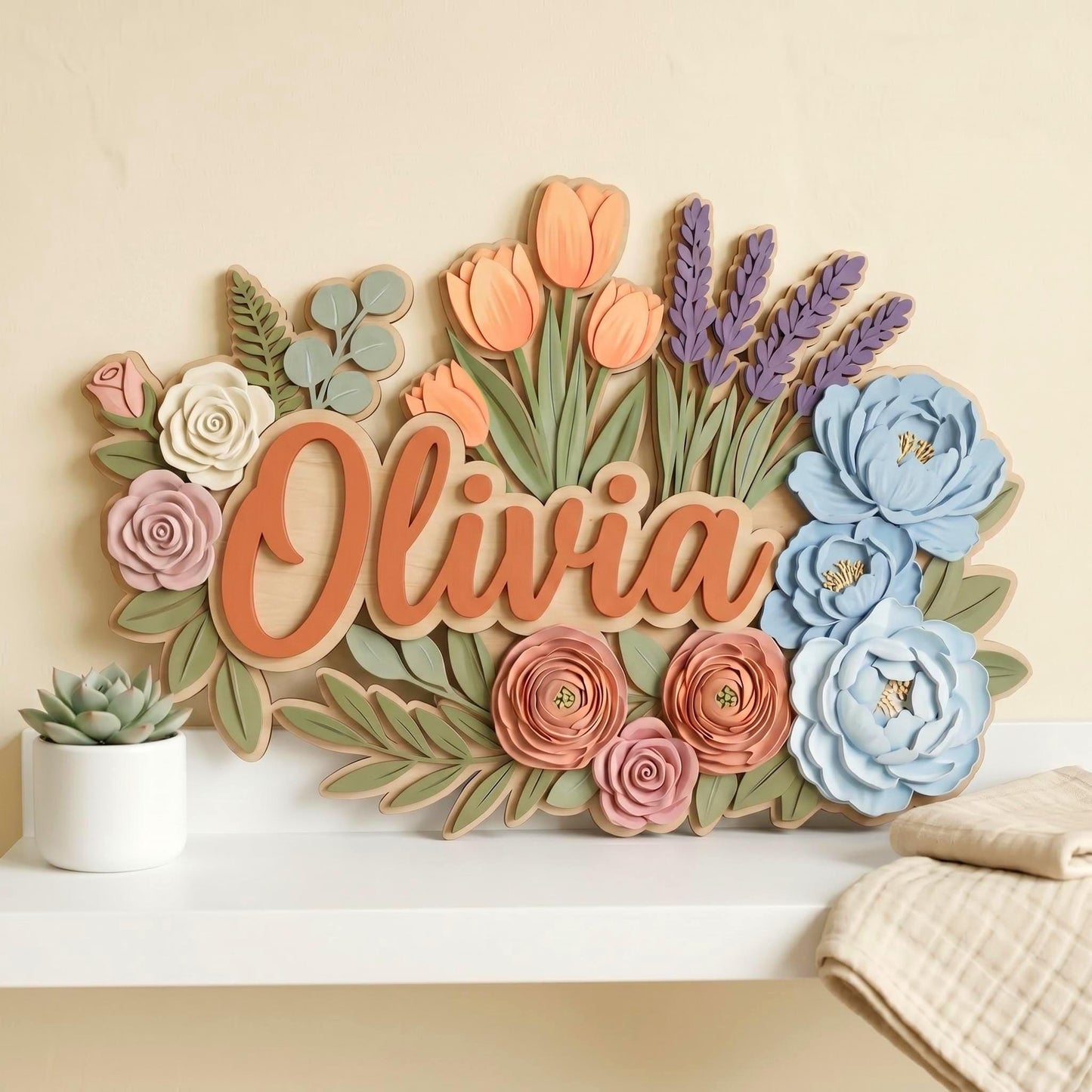 Personalized Wildflower Baby Name Sign, Custom Floral Nursery Decor, Boho Wooden Wall Name Plaque, Baby Girl Shower Gift Decor Wall Art Gift