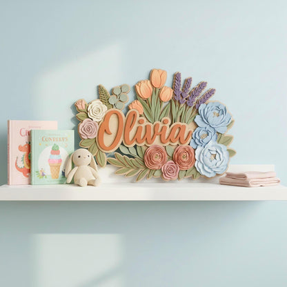 Personalized Wildflower Baby Name Sign, Custom Floral Nursery Decor, Boho Wooden Wall Name Plaque, Baby Girl Shower Gift Decor Wall Art Gift