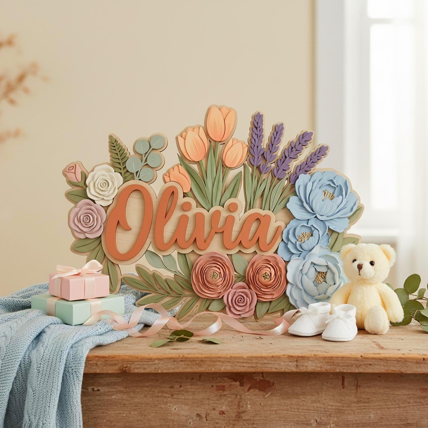 Personalized Wildflower Baby Name Sign, Custom Floral Nursery Decor, Boho Wooden Wall Name Plaque, Baby Girl Shower Gift Decor Wall Art Gift