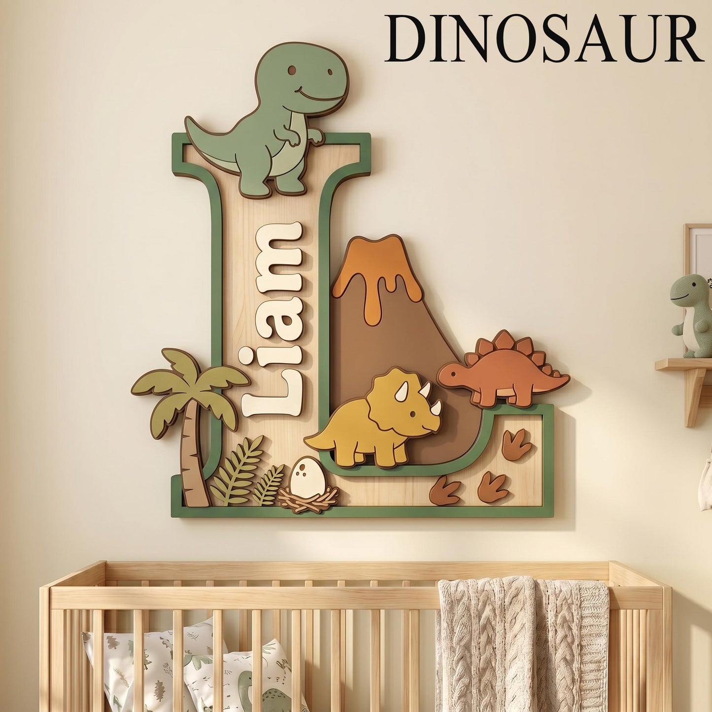 Personalized Dinosaur Nursery Monogram Sign, 3D Wood Initial Letter Decor, Custom Baby Door Hanger, Prehistoric Kids Wall Art, Wooden Gift