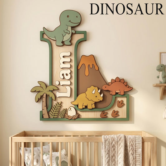 Personalized Dinosaur Nursery Monogram Sign, 3D Wood Initial Letter Decor, Custom Baby Door Hanger, Prehistoric Kids Wall Art, Wooden Gift
