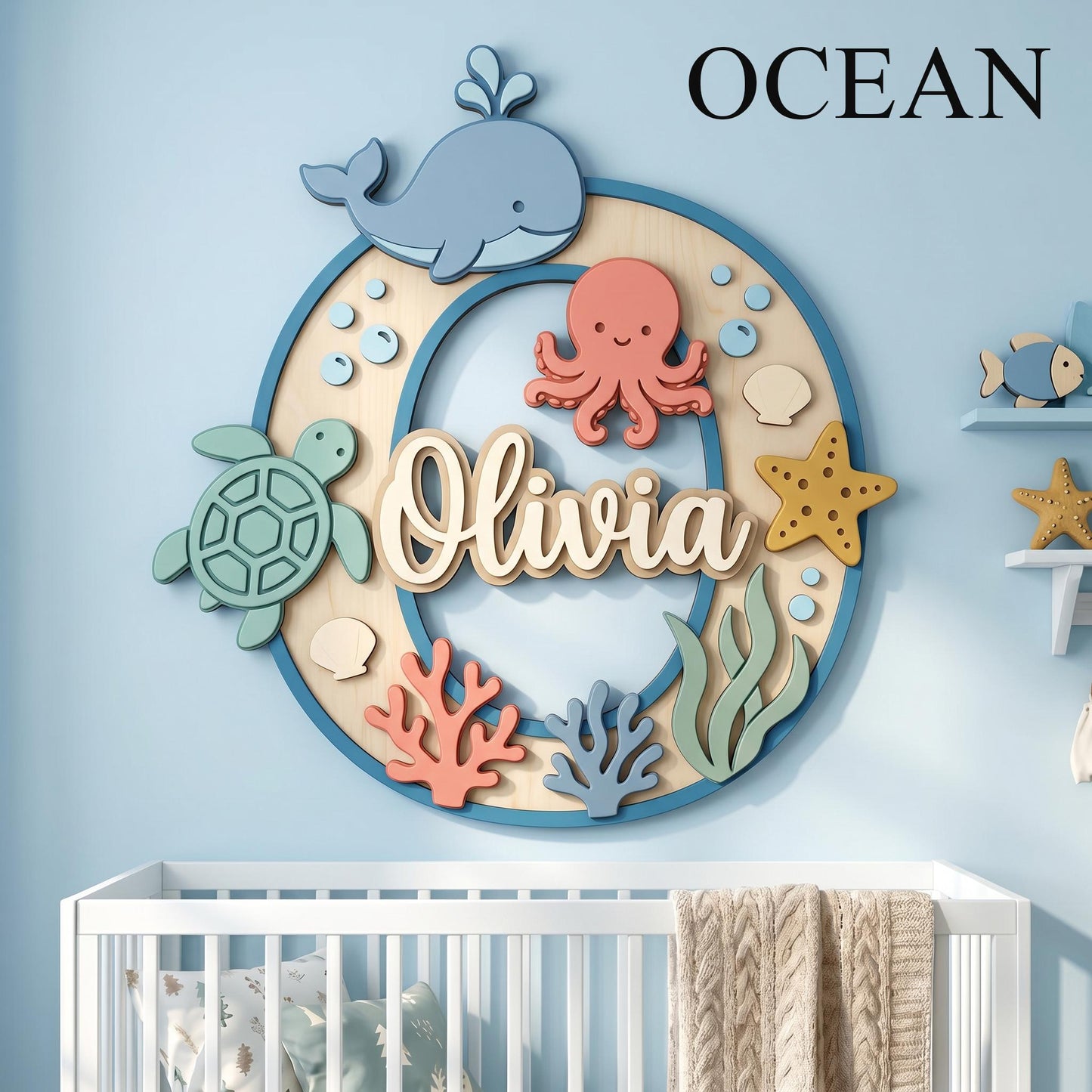 Personalized Woodland Nursery Monogram Sign, 3D Wood Initial Letter Decor, Custom Baby Door Hanger, Forest Wilderness Kids Wall Art, Gift