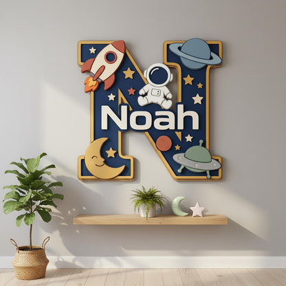 Personalized Woodland Nursery Monogram Sign, 3D Wood Initial Letter Decor, Custom Baby Door Hanger, Forest Wilderness Kids Wall Art, Gift