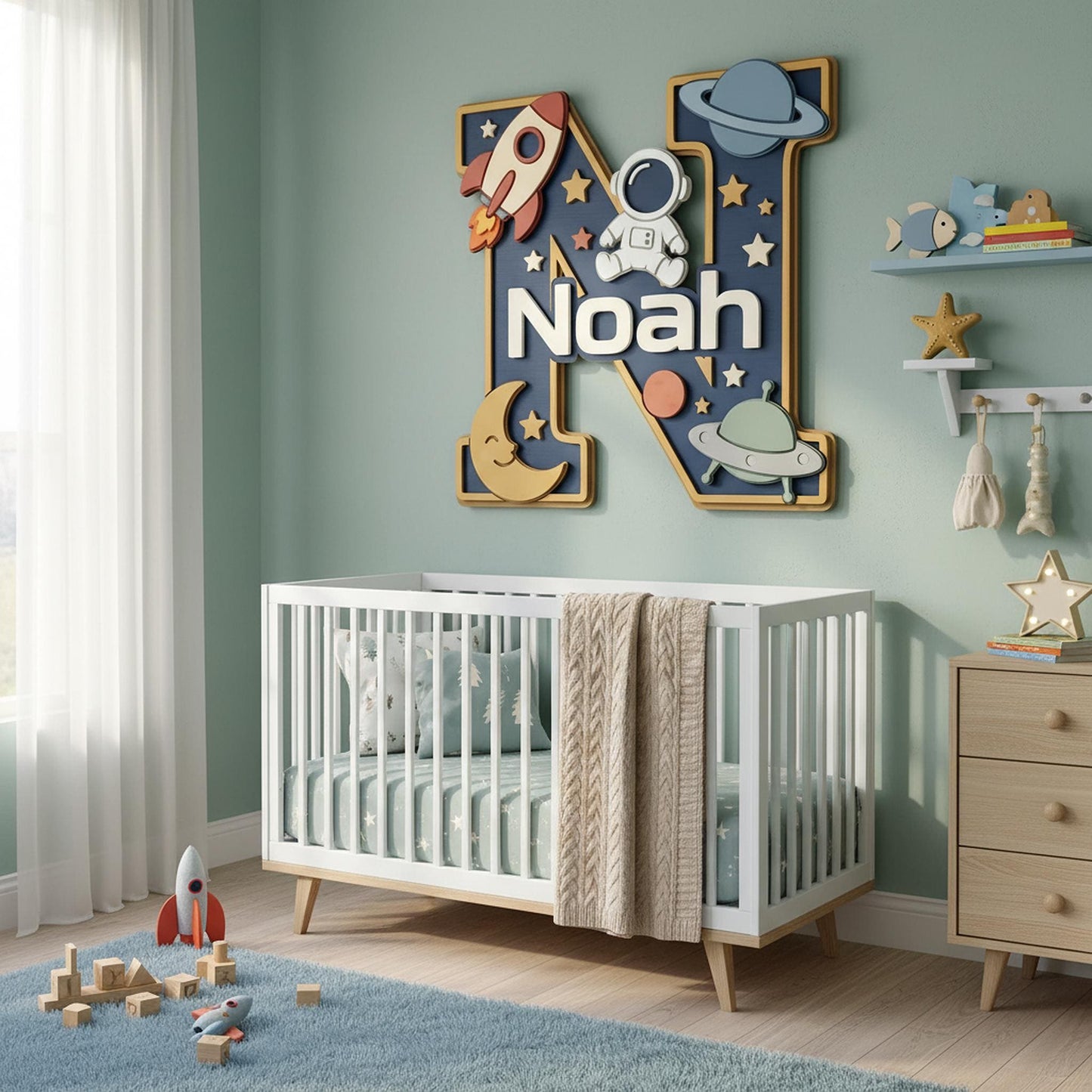 Personalized Woodland Nursery Monogram Sign, 3D Wood Initial Letter Decor, Custom Baby Door Hanger, Forest Wilderness Kids Wall Art, Gift
