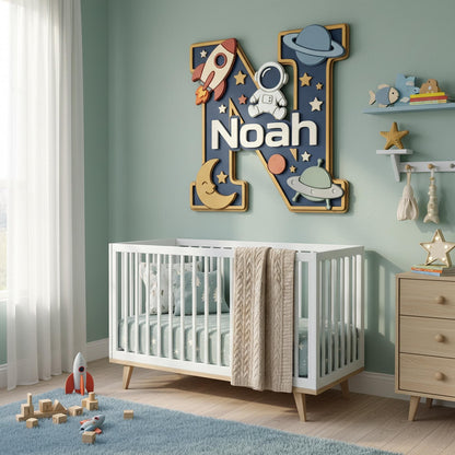 Personalized Woodland Nursery Monogram Sign, 3D Wood Initial Letter Decor, Custom Baby Door Hanger, Forest Wilderness Kids Wall Art, Gift