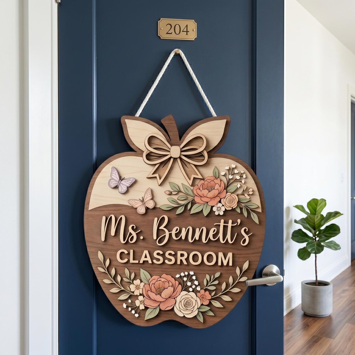 Personalized Teacher Apple Sign, Custom 3D Wood Classroom Door Decor, Floral Welcome Classroom Sign, Teacher Appreciation Gift, Wooden.