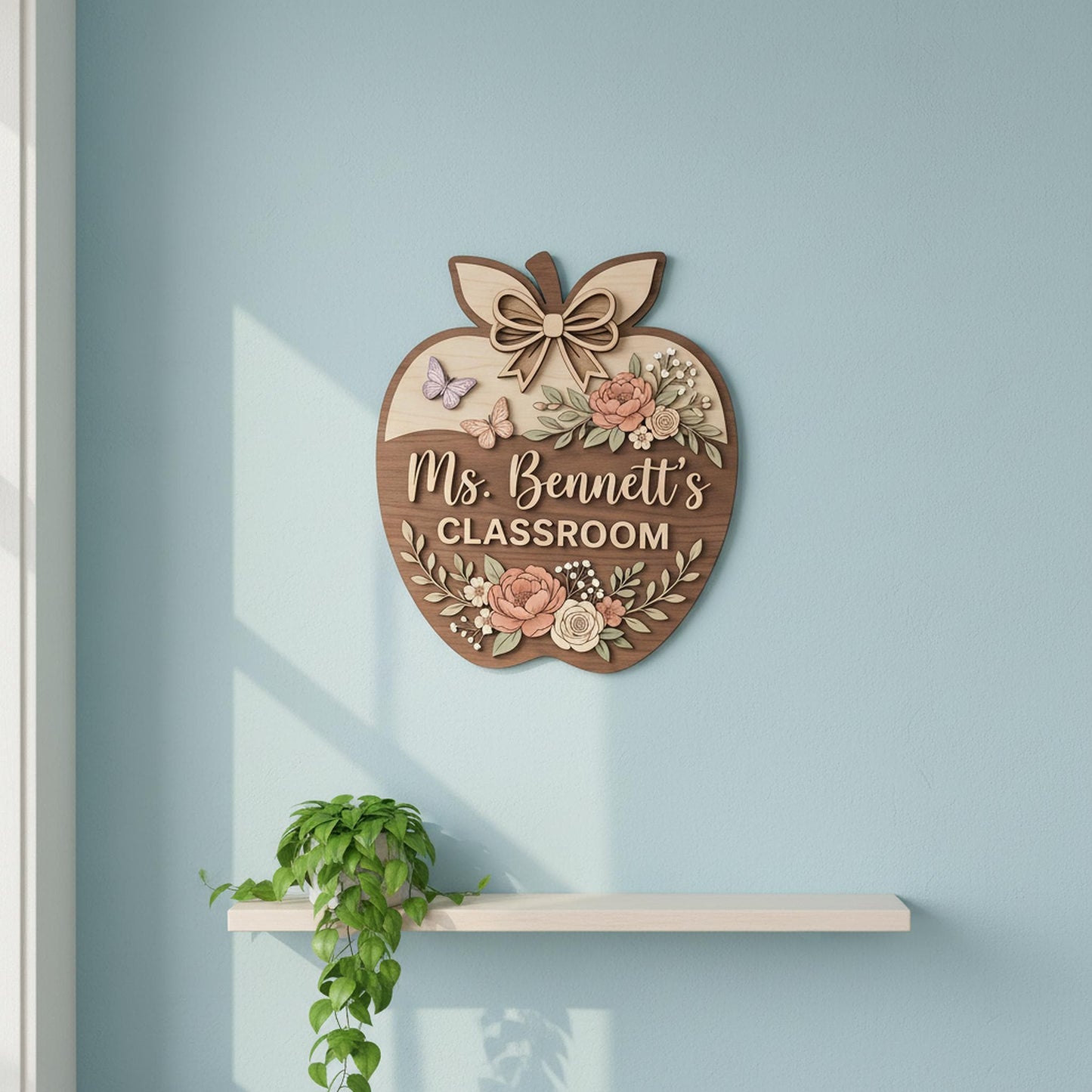 Personalized Teacher Apple Sign, Custom 3D Wood Classroom Door Decor, Floral Welcome Classroom Sign, Teacher Appreciation Gift, Wooden.