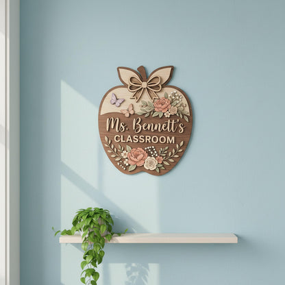 Personalized Teacher Apple Sign, Custom 3D Wood Classroom Door Decor, Floral Welcome Classroom Sign, Teacher Appreciation Gift, Wooden.