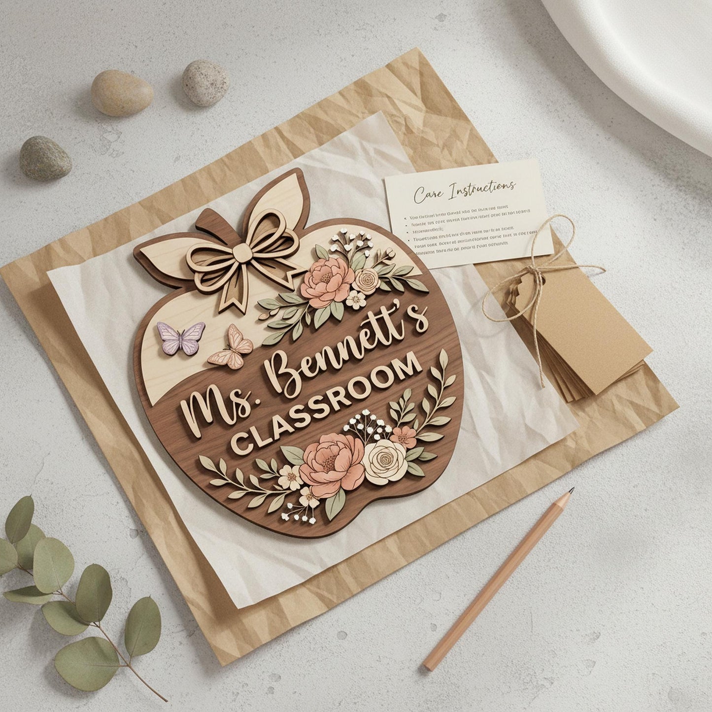 Personalized Teacher Apple Sign, Custom 3D Wood Classroom Door Decor, Floral Welcome Classroom Sign, Teacher Appreciation Gift, Wooden.