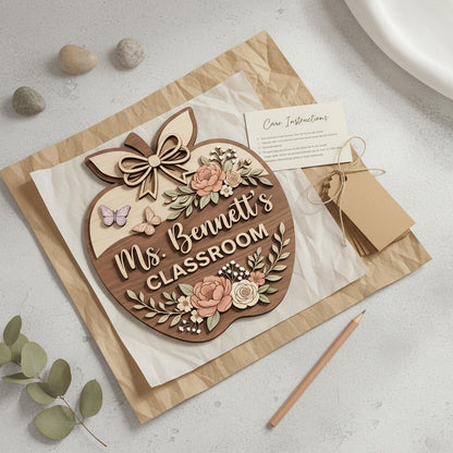 Personalized Teacher Apple Sign, Custom 3D Wood Classroom Door Decor, Floral Welcome Classroom Sign, Teacher Appreciation Gift, Wooden.