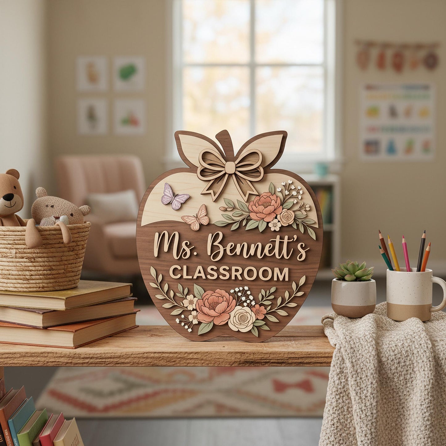 Personalized Teacher Apple Sign, Custom 3D Wood Classroom Door Decor, Floral Welcome Classroom Sign, Teacher Appreciation Gift, Wooden.