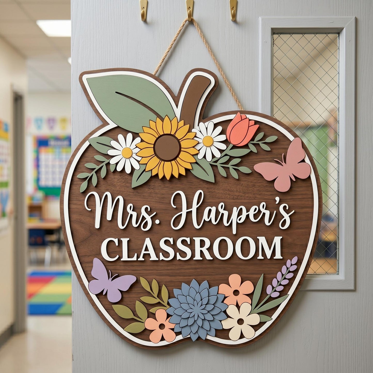 Personalized Teacher Apple Sign, Custom 3D Wood Classroom Door Decor, Floral Welcome Classroom Sign, Teacher Appreciation Gift, Wooden.