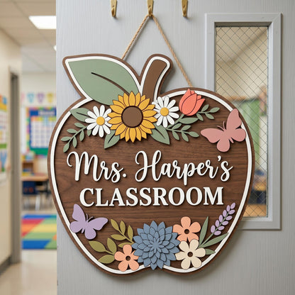 Personalized Teacher Apple Sign, Custom 3D Wood Classroom Door Decor, Floral Welcome Classroom Sign, Teacher Appreciation Gift, Wooden.