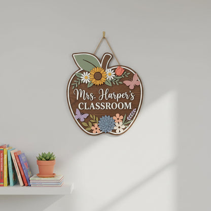 Personalized Teacher Apple Sign, Custom 3D Wood Classroom Door Decor, Floral Welcome Classroom Sign, Teacher Appreciation Gift, Wooden.