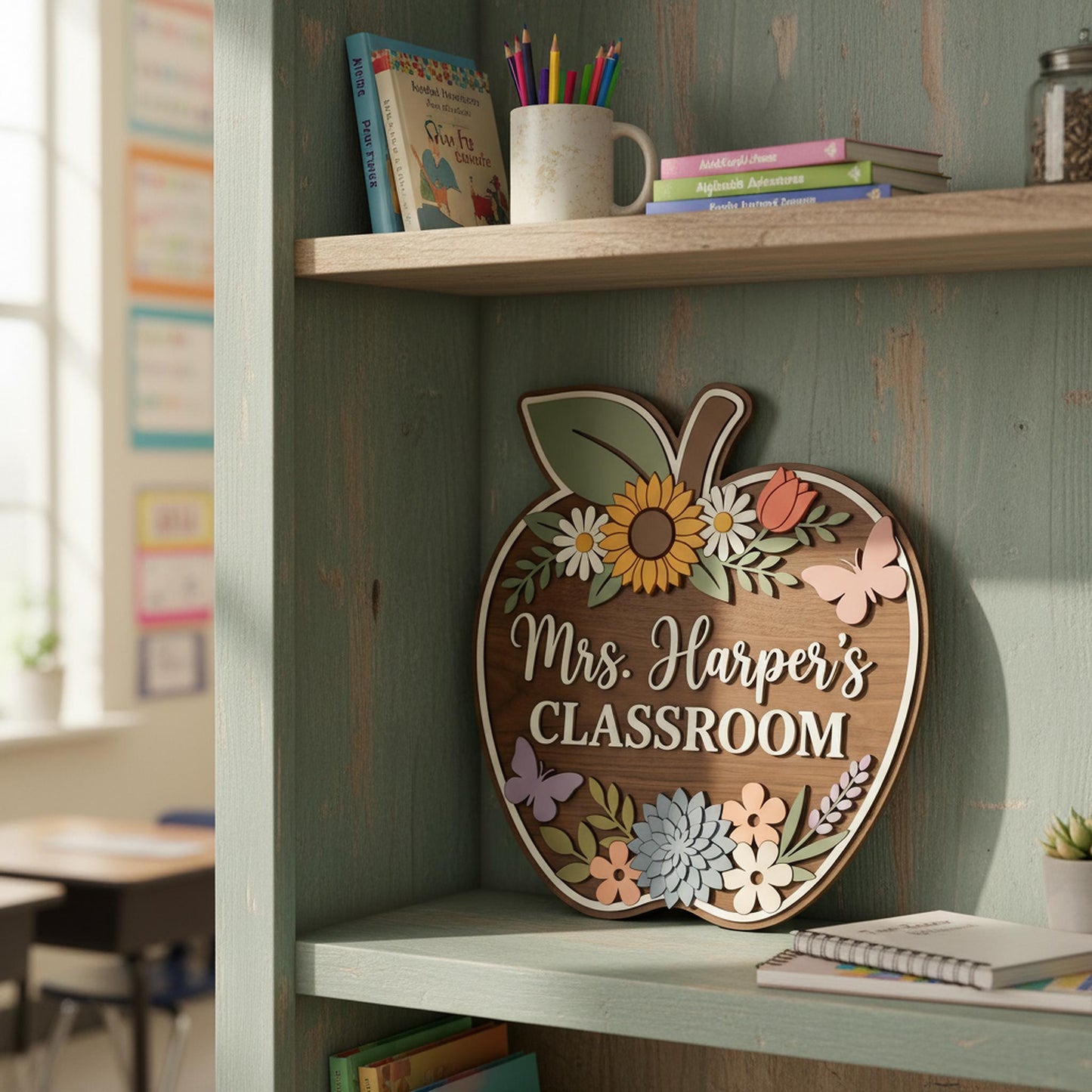 Personalized Teacher Apple Sign, Custom 3D Wood Classroom Door Decor, Floral Welcome Classroom Sign, Teacher Appreciation Gift, Wooden.