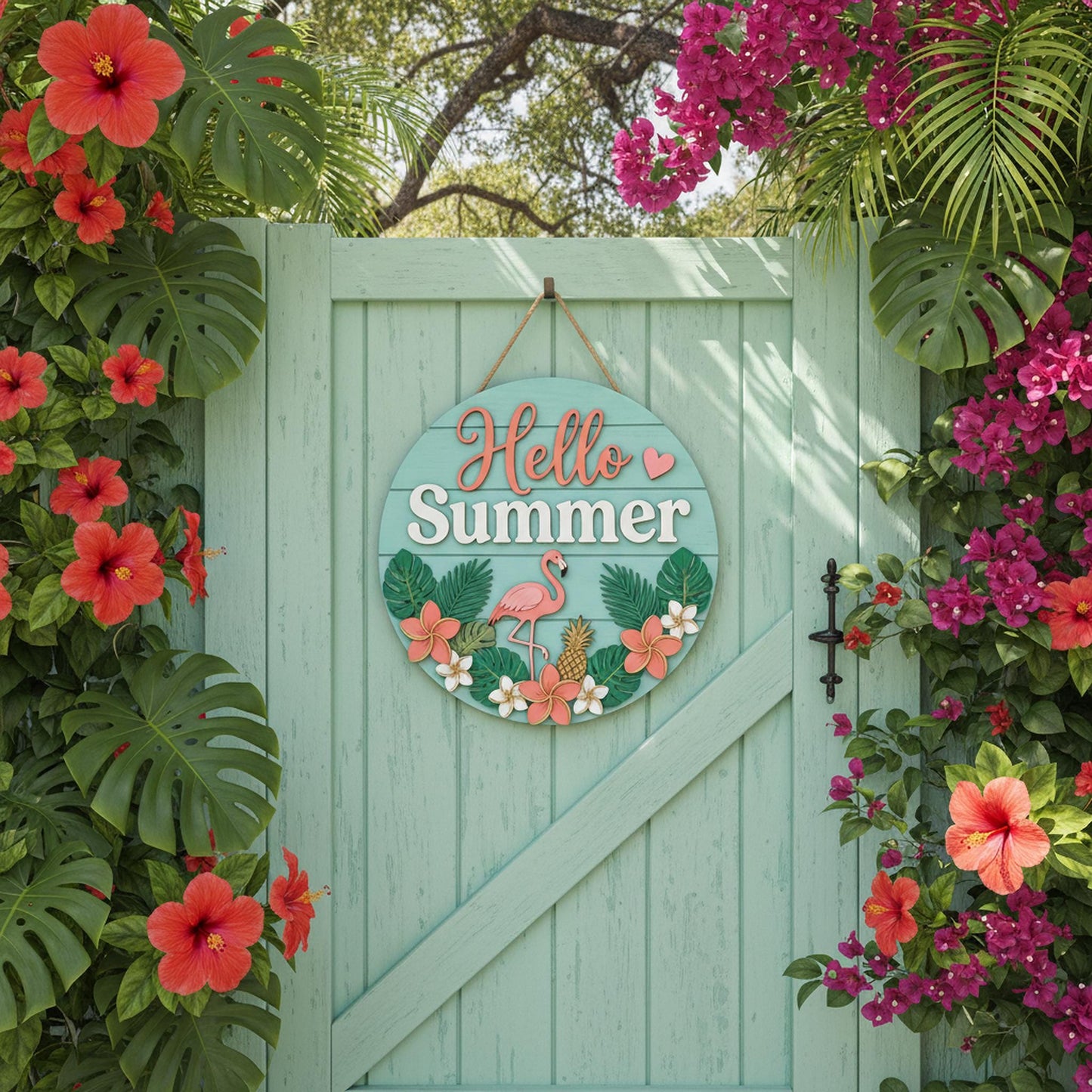 Personalized Summer Family Name Sign 3D, Custom Beach House Wood Door Hanger, Tropical Hawaiian Patio Decor, Pool Party Housewarming Gift