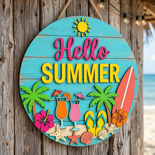 Custom Summer Welcome Sign 3D, Personalized Beach House Wood Door Hanger, Tropical Surfboard Patio Wall Art, Poolside Outdoor Gift Ideas