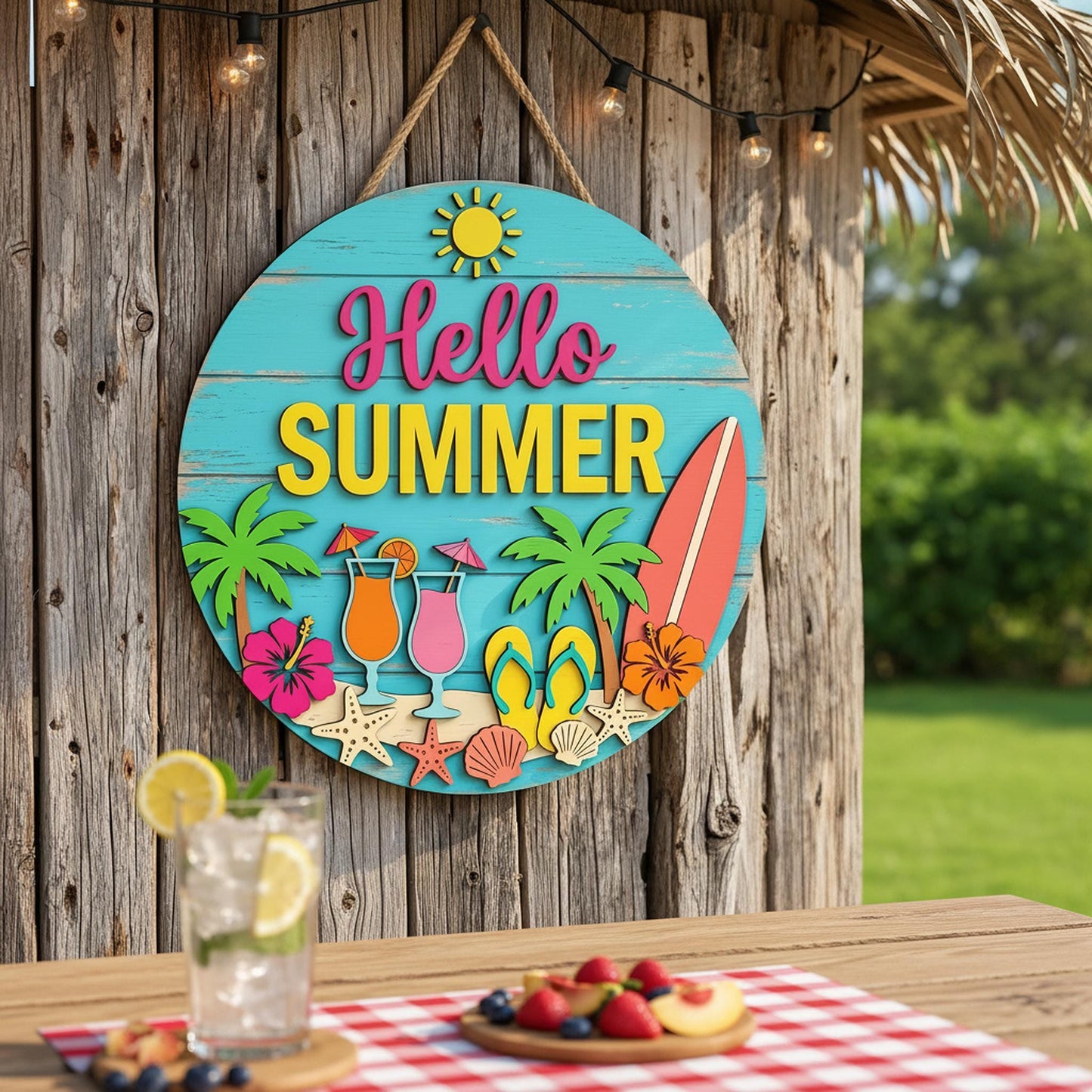 Custom Summer Welcome Sign 3D, Personalized Beach House Wood Door Hanger, Tropical Surfboard Patio Wall Art, Poolside Outdoor Gift Ideas