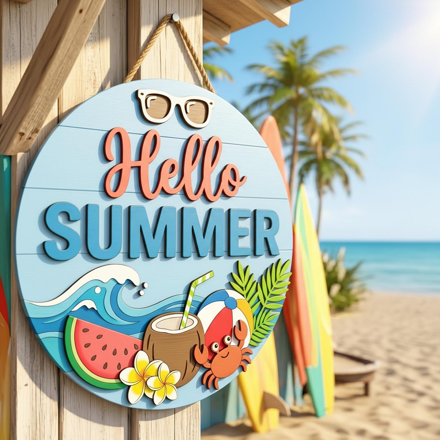 Personalized Summer Family Name Sign 3D, Custom Cute Beach Wood Door Hanger, Tropical Crab Patio Decor, Pool Party Housewarming Gift Ideas