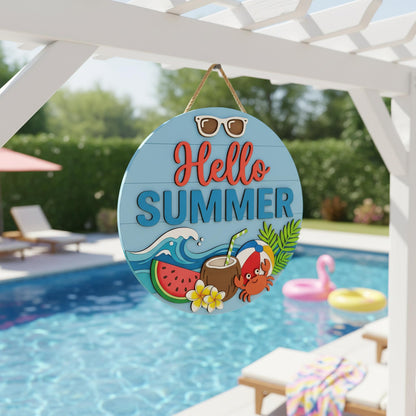 Personalized Summer Family Name Sign 3D, Custom Cute Beach Wood Door Hanger, Tropical Crab Patio Decor, Pool Party Housewarming Gift Ideas