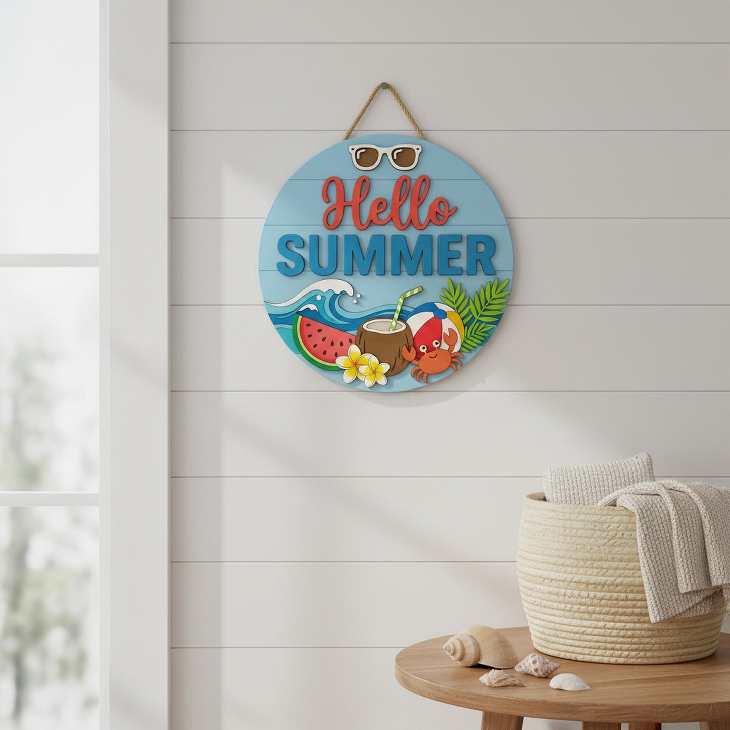 Personalized Summer Family Name Sign 3D, Custom Cute Beach Wood Door Hanger, Tropical Crab Patio Decor, Pool Party Housewarming Gift Ideas