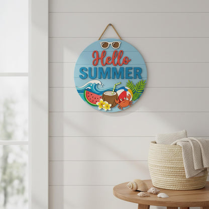 Personalized Summer Family Name Sign 3D, Custom Cute Beach Wood Door Hanger, Tropical Crab Patio Decor, Pool Party Housewarming Gift Ideas