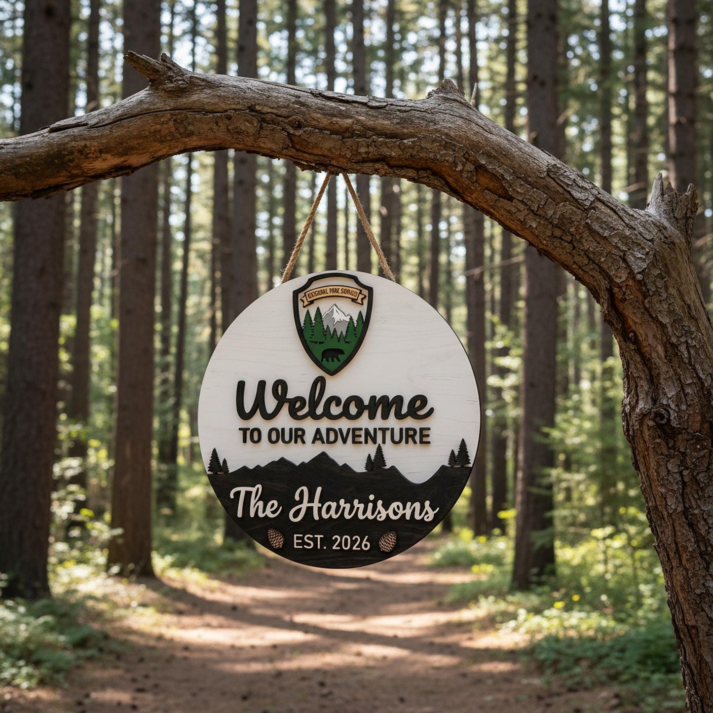 Custom National Park Welcome Sign 3D, Personalized NPS Inspired Family Name Wood Door Hanger, Rustic Mountain Cabin Decor, New Home Gift