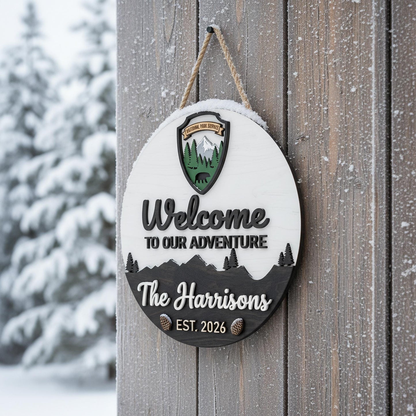 Custom National Park Welcome Sign 3D, Personalized NPS Inspired Family Name Wood Door Hanger, Rustic Mountain Cabin Decor, New Home Gift
