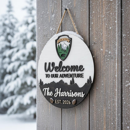 Custom National Park Welcome Sign 3D, Personalized NPS Inspired Family Name Wood Door Hanger, Rustic Mountain Cabin Decor, New Home Gift