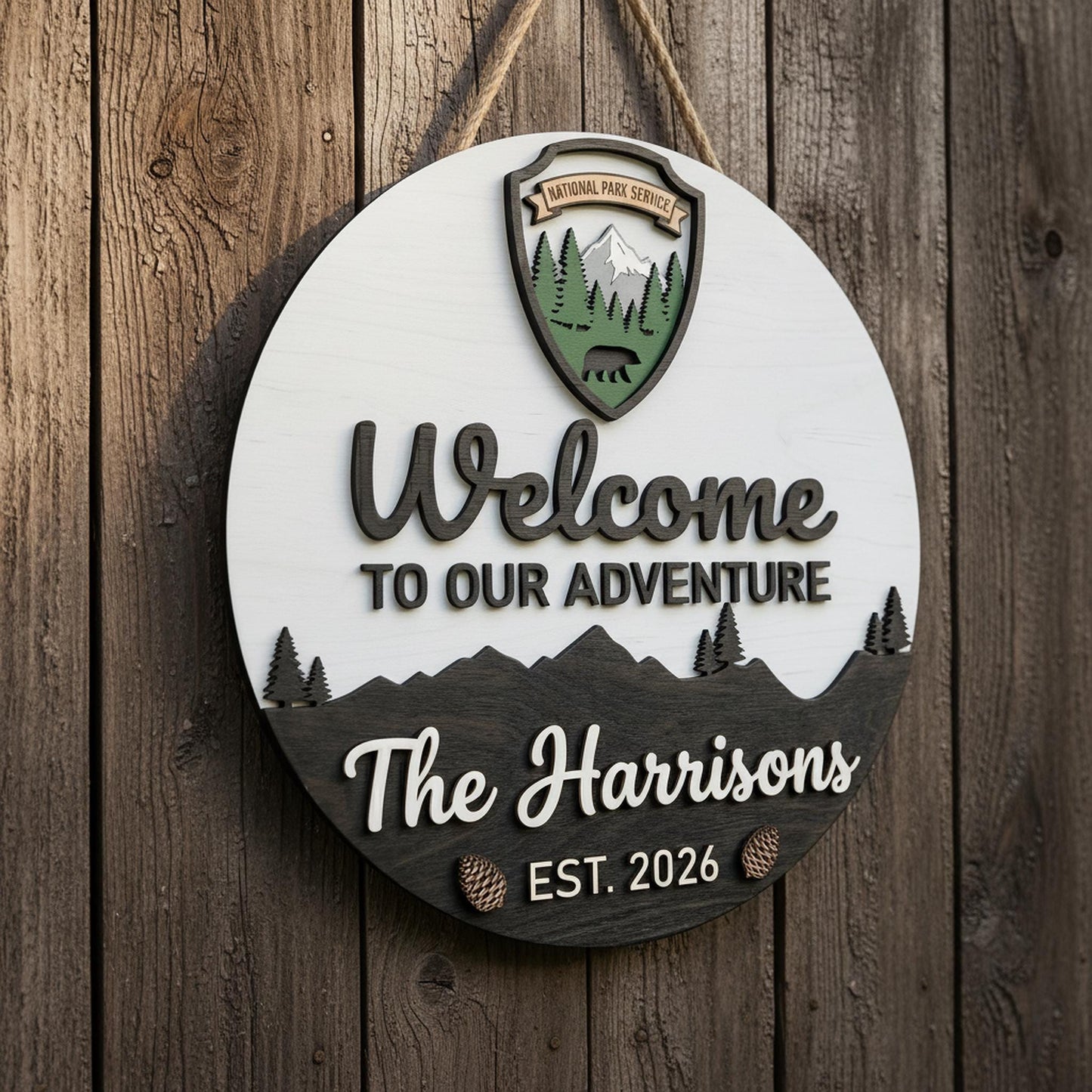 Custom National Park Welcome Sign 3D, Personalized NPS Inspired Family Name Wood Door Hanger, Rustic Mountain Cabin Decor, New Home Gift