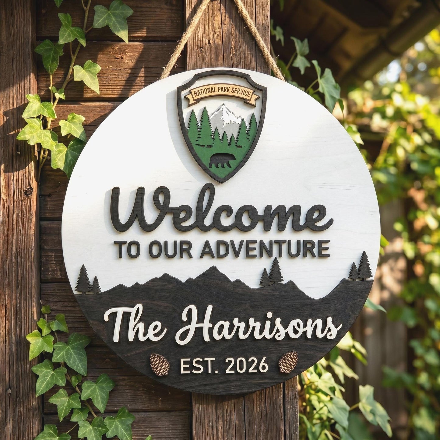 Custom National Park Welcome Sign 3D, Personalized NPS Inspired Family Name Wood Door Hanger, Rustic Mountain Cabin Decor, New Home Gift