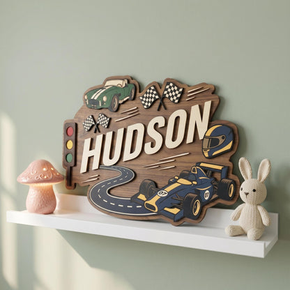 Personalized Racing Theme Nursery Name Sign, Custom 3D Wood Race Car Baby Room Decor, Toddler Boy Playroom Wall Art, New Parents Gift Ideas