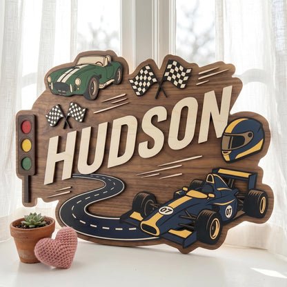 Personalized Racing Theme Nursery Name Sign, Custom 3D Wood Race Car Baby Room Decor, Toddler Boy Playroom Wall Art, New Parents Gift Ideas