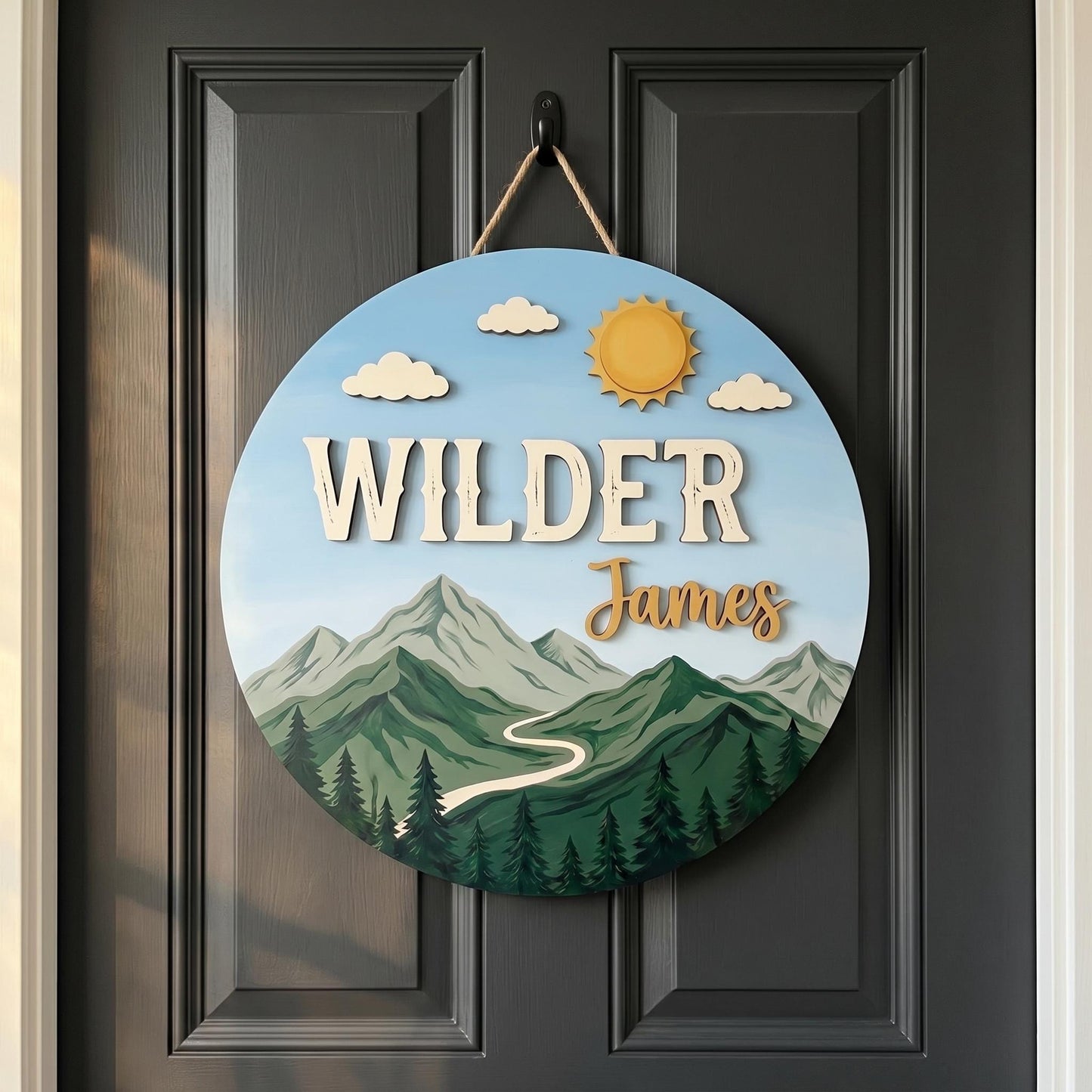 Custom Mountain Nursery Name Sign 3D, Personalized Woodland Baby Boy Room Wall Decor, Rustic Wood Adventure Plaque, New Parents Gift Ideas