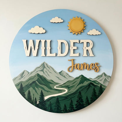 Custom Mountain Nursery Name Sign 3D, Personalized Woodland Baby Boy Room Wall Decor, Rustic Wood Adventure Plaque, New Parents Gift Ideas