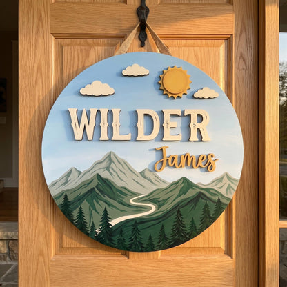 Custom Mountain Nursery Name Sign 3D, Personalized Woodland Baby Boy Room Wall Decor, Rustic Wood Adventure Plaque, New Parents Gift Ideas