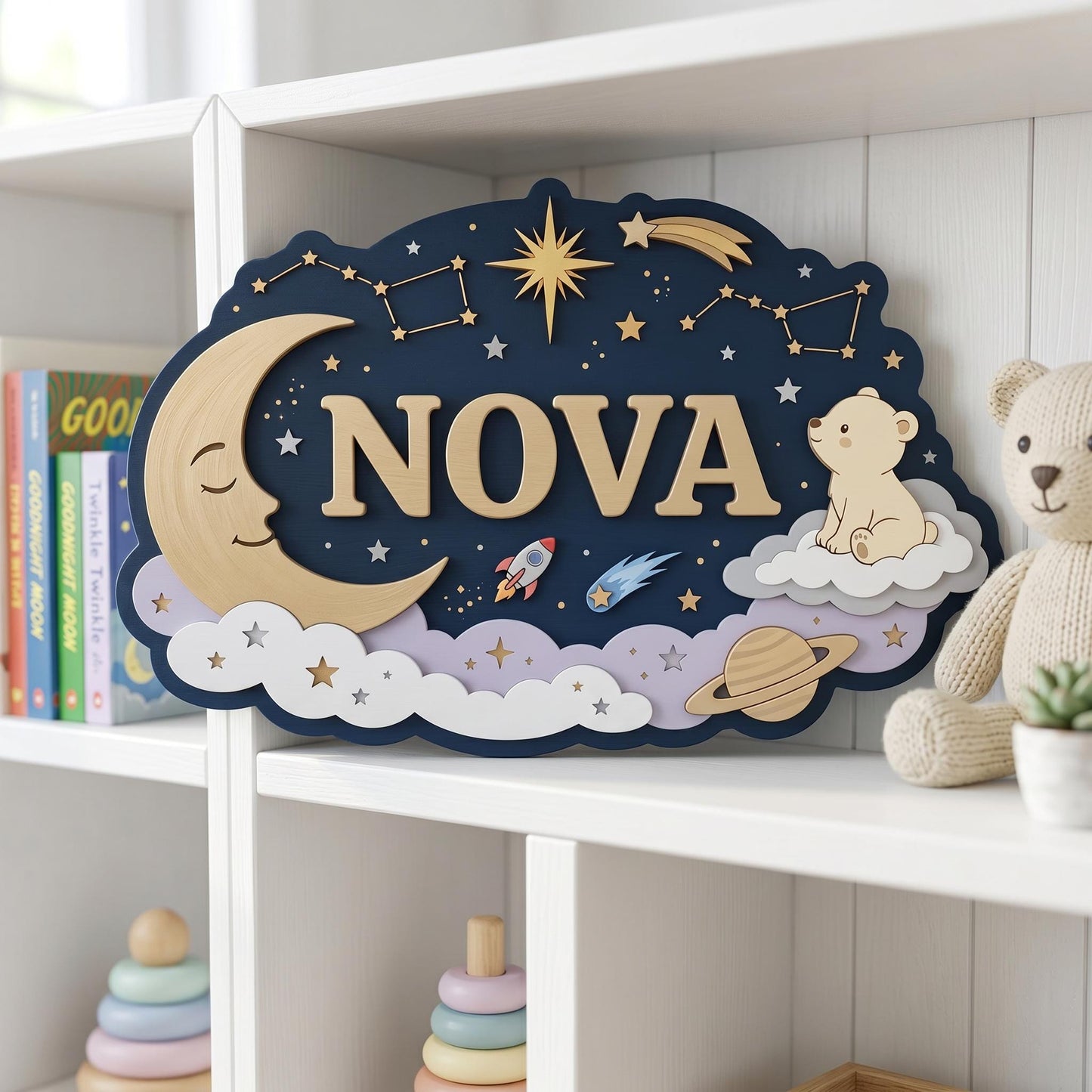 Custom Celestial Nursery Name Sign 3D, Personalized Outer Space Baby Girl Boy Room Wall Decor, Wood Moon Star Plaque, New Parents Gift Ideas
