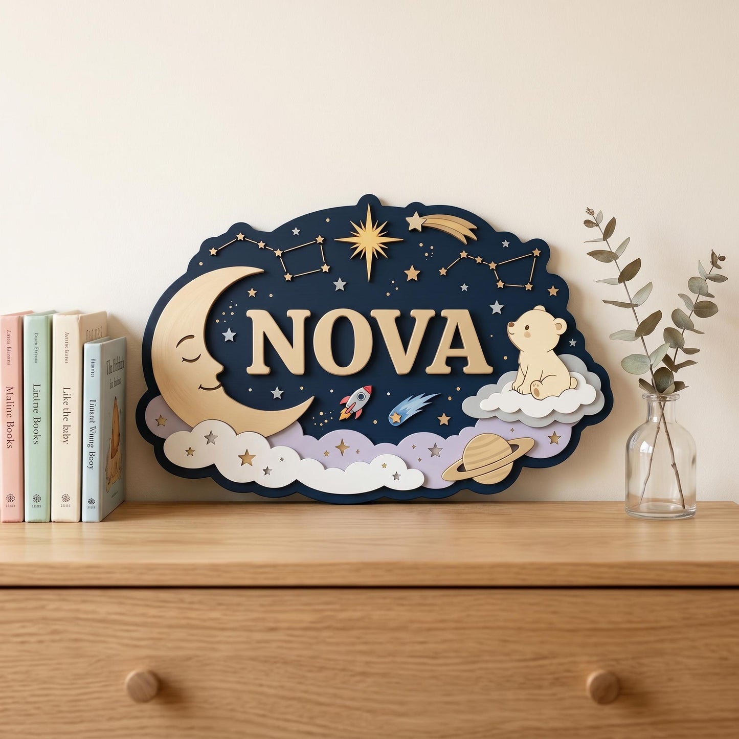 Custom Celestial Nursery Name Sign 3D, Personalized Outer Space Baby Girl Boy Room Wall Decor, Wood Moon Star Plaque, New Parents Gift Ideas