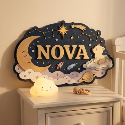 Custom Celestial Nursery Name Sign 3D, Personalized Outer Space Baby Girl Boy Room Wall Decor, Wood Moon Star Plaque, New Parents Gift Ideas