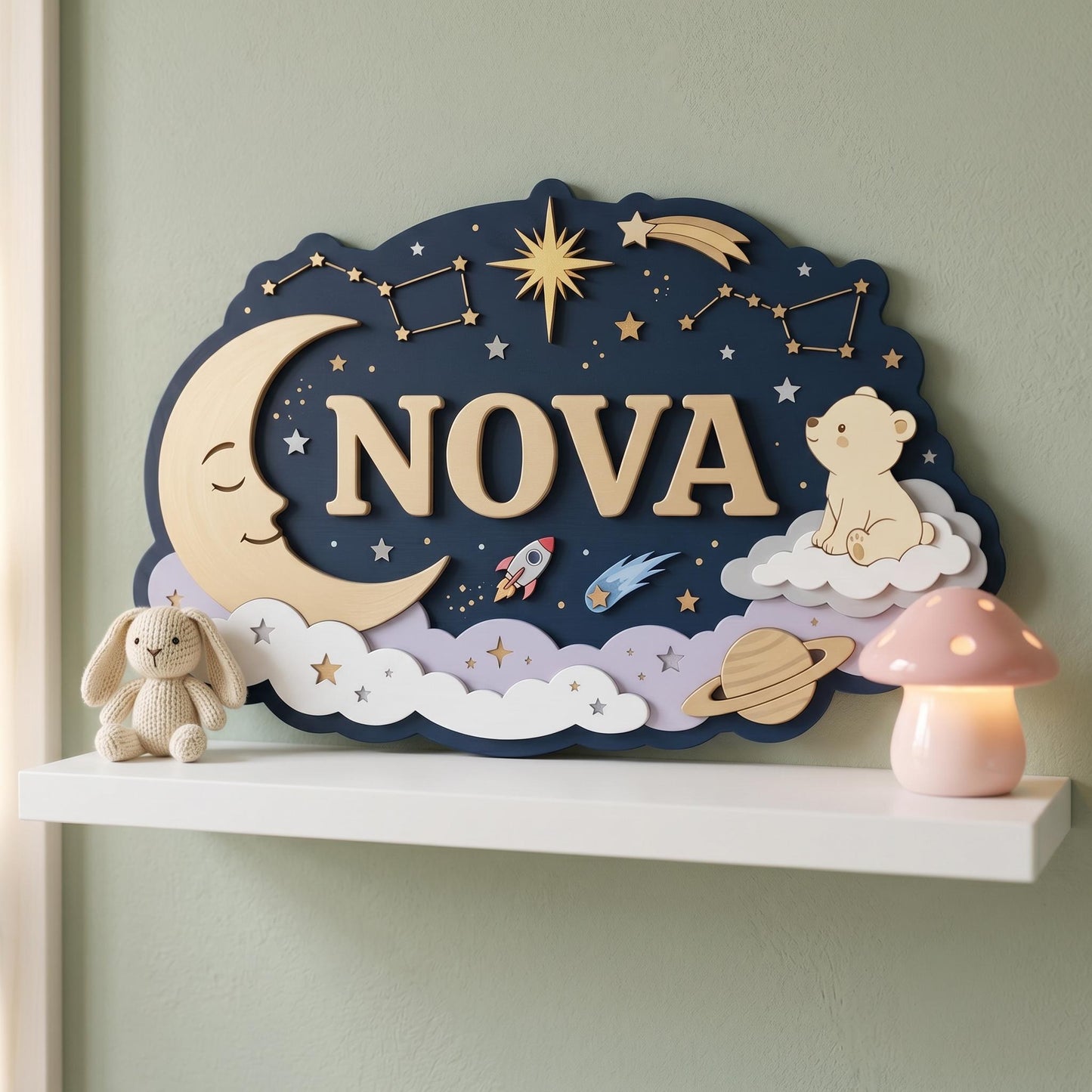 Custom Celestial Nursery Name Sign 3D, Personalized Outer Space Baby Girl Boy Room Wall Decor, Wood Moon Star Plaque, New Parents Gift Ideas