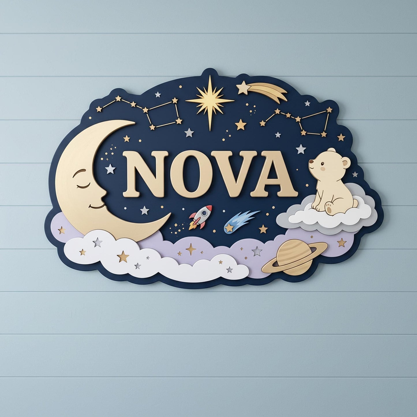 Custom Celestial Nursery Name Sign 3D, Personalized Outer Space Baby Girl Boy Room Wall Decor, Wood Moon Star Plaque, New Parents Gift Ideas