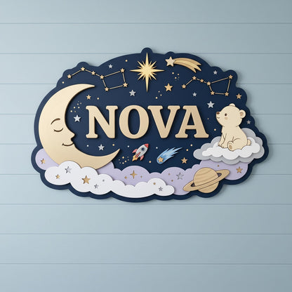 Custom Celestial Nursery Name Sign 3D, Personalized Outer Space Baby Girl Boy Room Wall Decor, Wood Moon Star Plaque, New Parents Gift Ideas