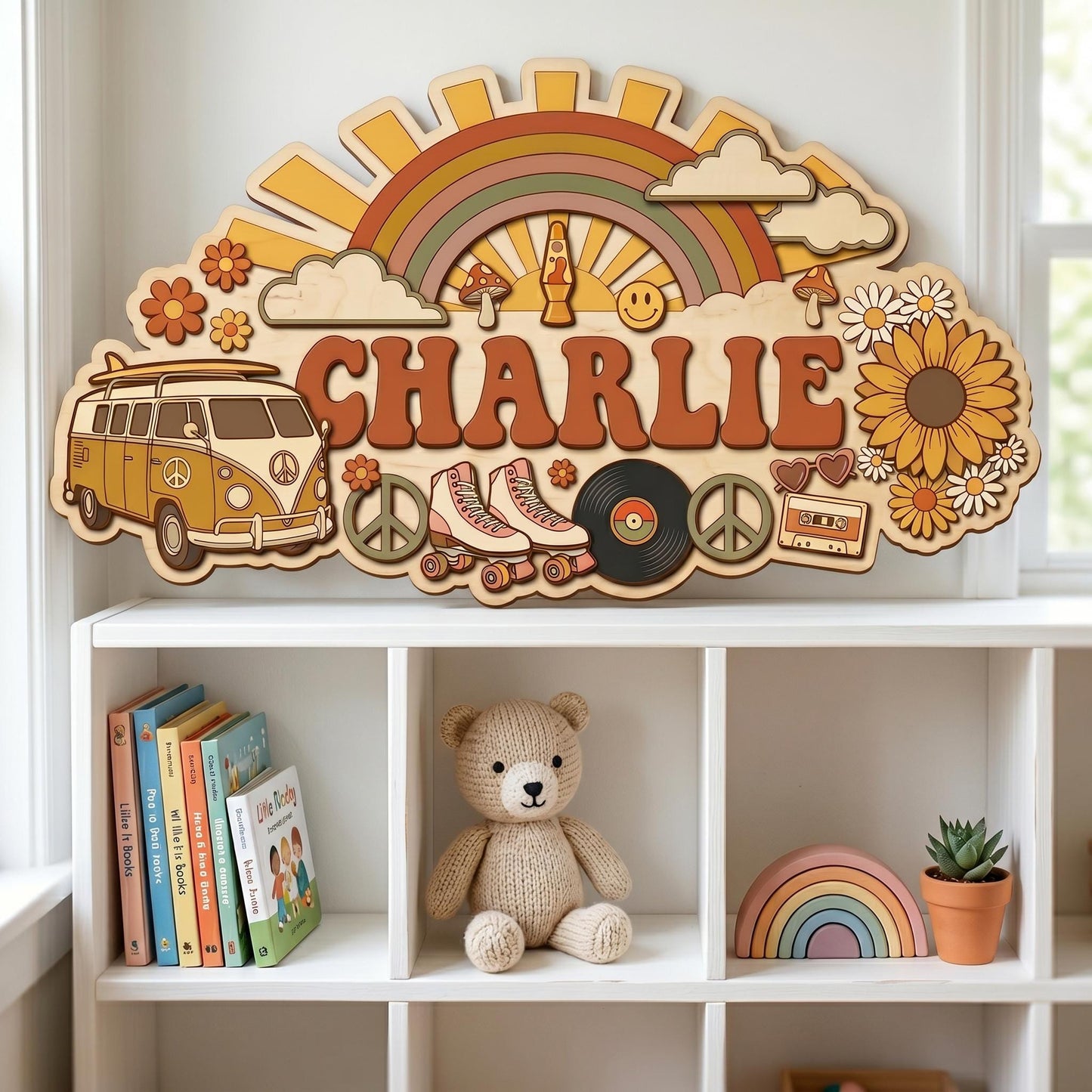Custom Groovy Nursery Name Sign 3D, Personalized 70s Retro Baby Room Wall Decor, Wood Hippie Van Sun Flower Plaque, New Parents Gift Ideas