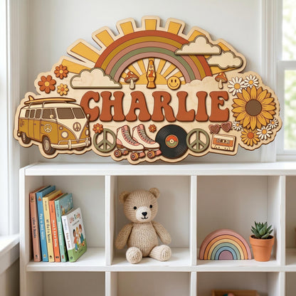 Custom Groovy Nursery Name Sign 3D, Personalized 70s Retro Baby Room Wall Decor, Wood Hippie Van Sun Flower Plaque, New Parents Gift Ideas