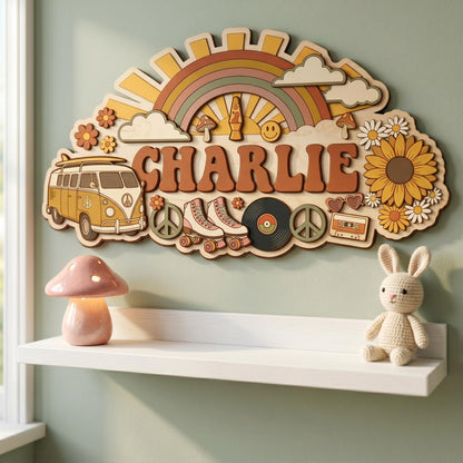 Custom Groovy Nursery Name Sign 3D, Personalized 70s Retro Baby Room Wall Decor, Wood Hippie Van Sun Flower Plaque, New Parents Gift Ideas