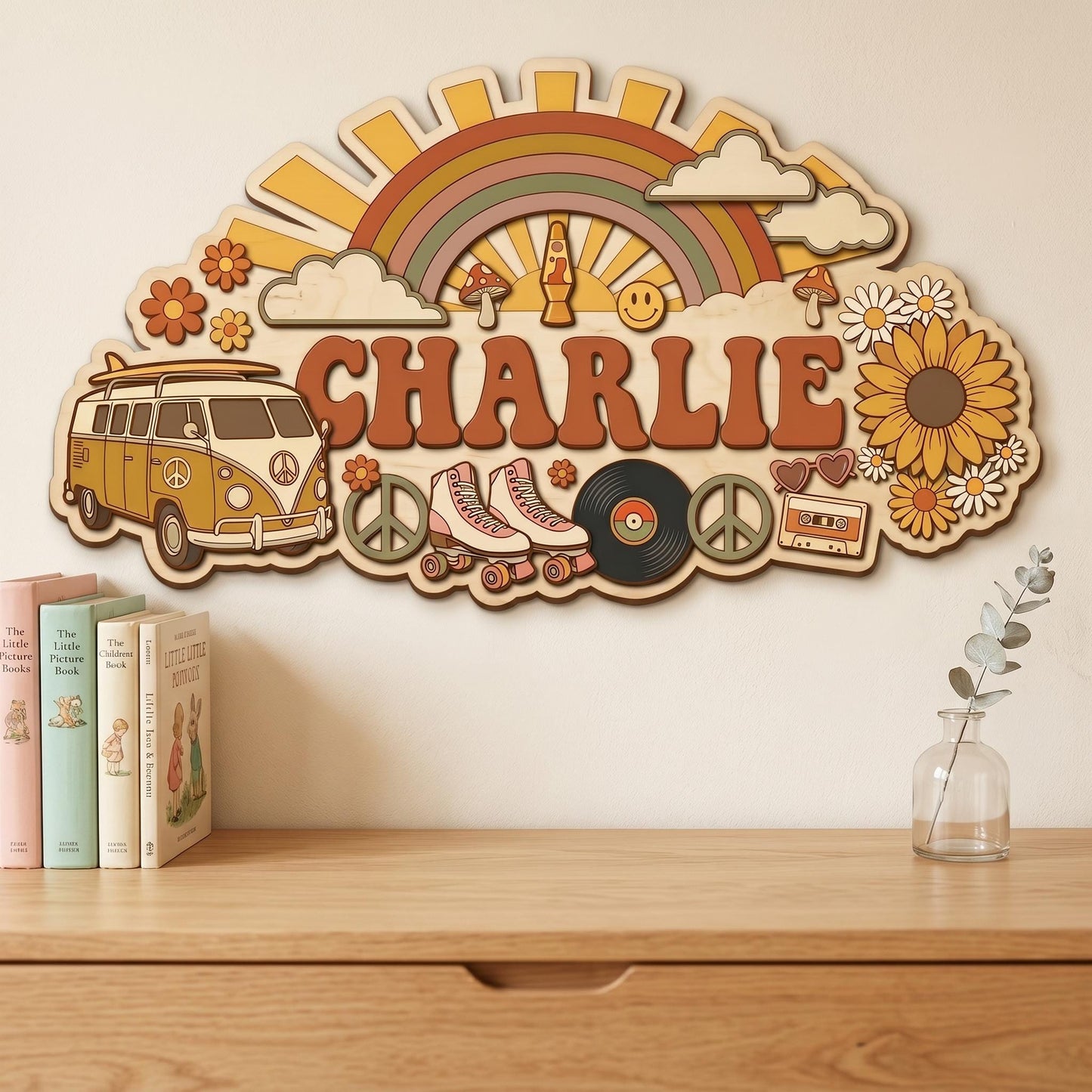Custom Groovy Nursery Name Sign 3D, Personalized 70s Retro Baby Room Wall Decor, Wood Hippie Van Sun Flower Plaque, New Parents Gift Ideas