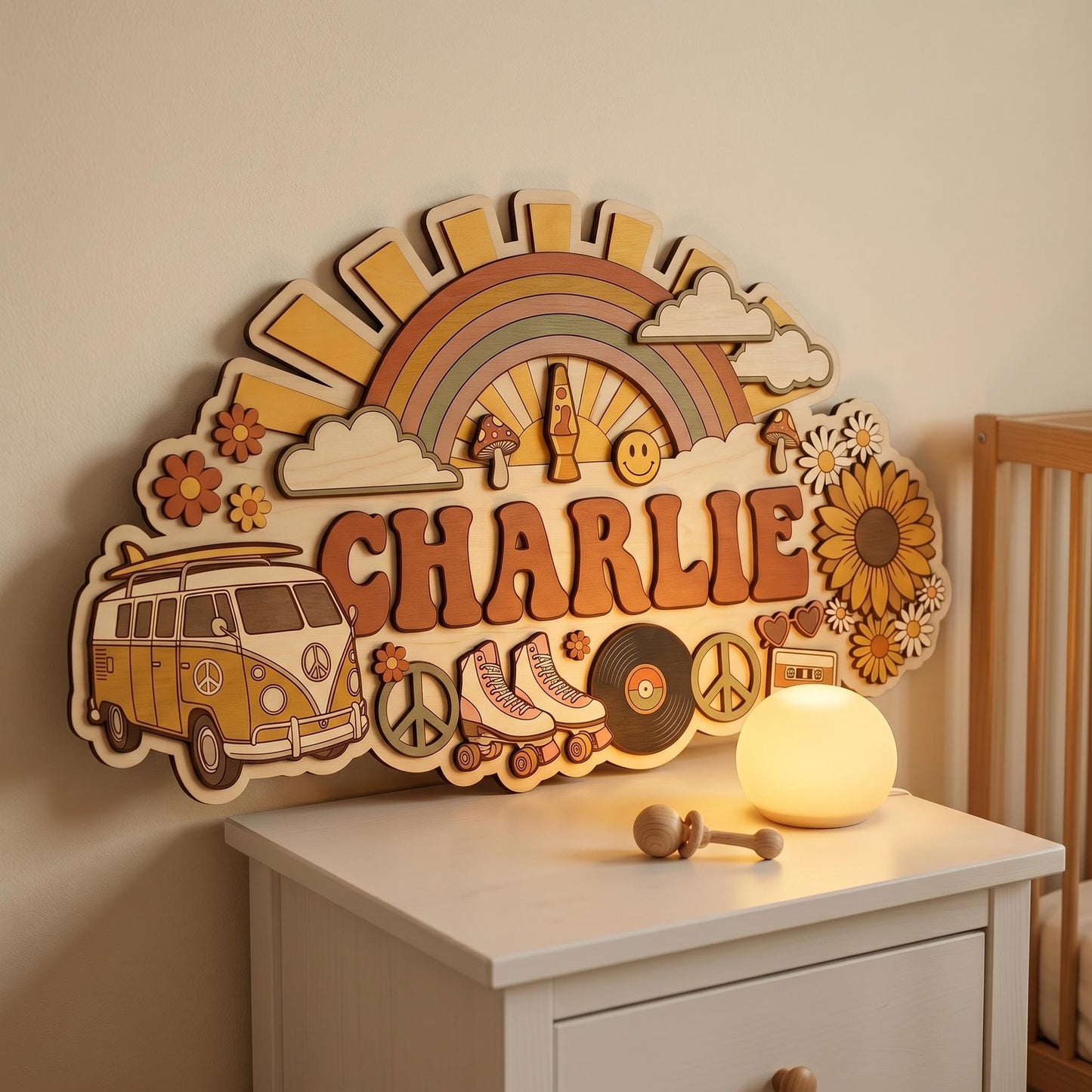 Custom Groovy Nursery Name Sign 3D, Personalized 70s Retro Baby Room Wall Decor, Wood Hippie Van Sun Flower Plaque, New Parents Gift Ideas