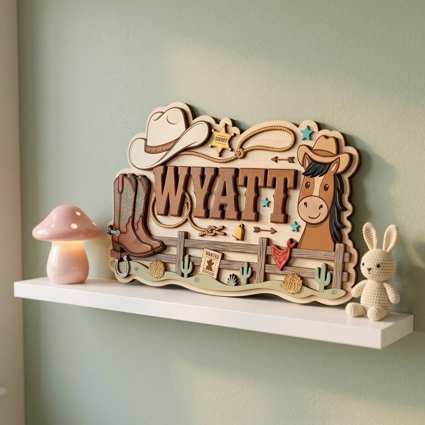Custom Cowboy Nursery Name Sign 3D, Personalized Western Baby Boy Room Wall Decor, Wood Horse Boot Sheriff Plaque, New Parents Gift Ideas